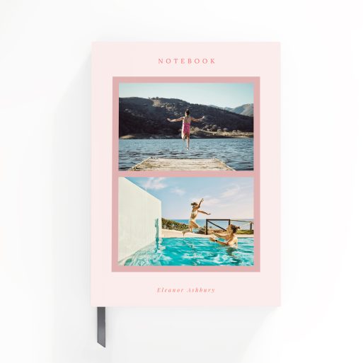 Elegant portrait orientation notebook cover design with two photos, perfect for personalisation and printing by Utterly Printable.