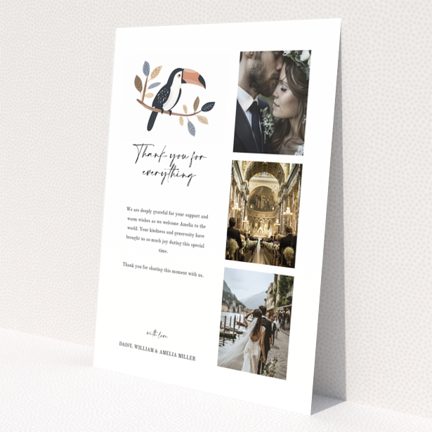 Baby thank you card with toucan illustration and three photos