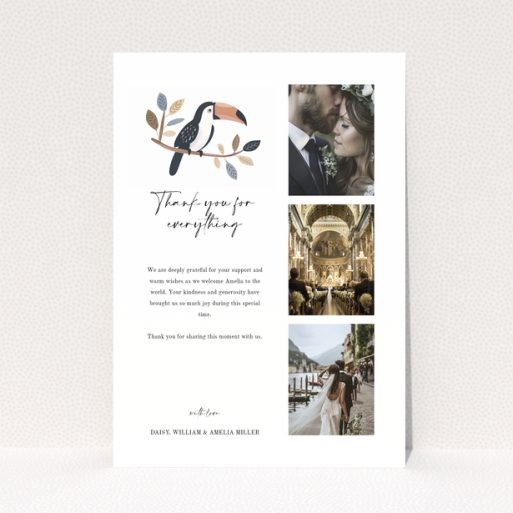Baby thank you card with toucan illustration and three photos