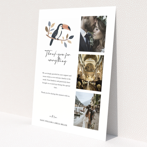 Baby thank you card with toucan illustration and three photos