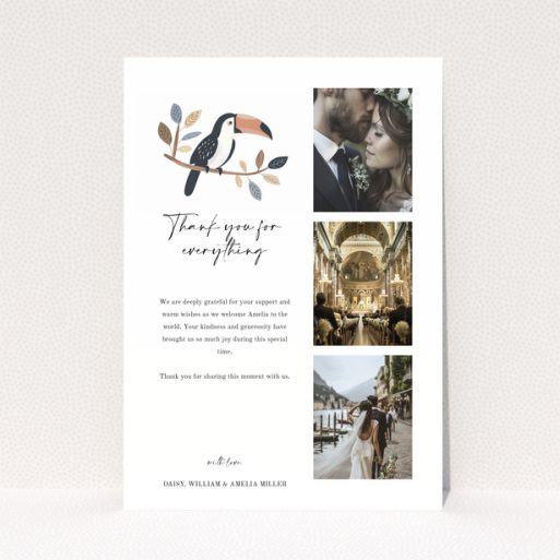 Baby thank you card with toucan illustration and three photos