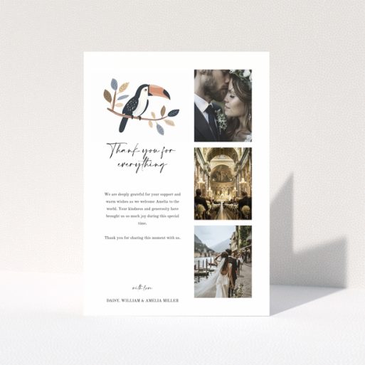 Baby thank you card with toucan illustration and three photos