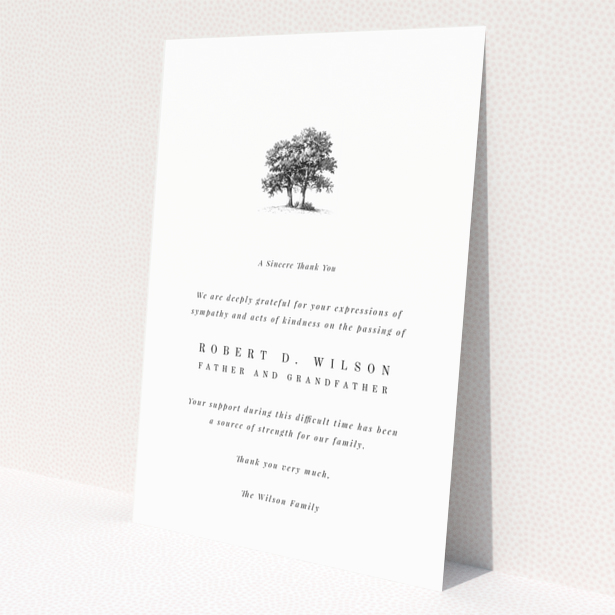 Funeral thank you card with a tree illustration and one photo.