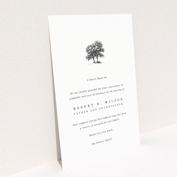 Funeral thank you card with a tree illustration and one photo.
