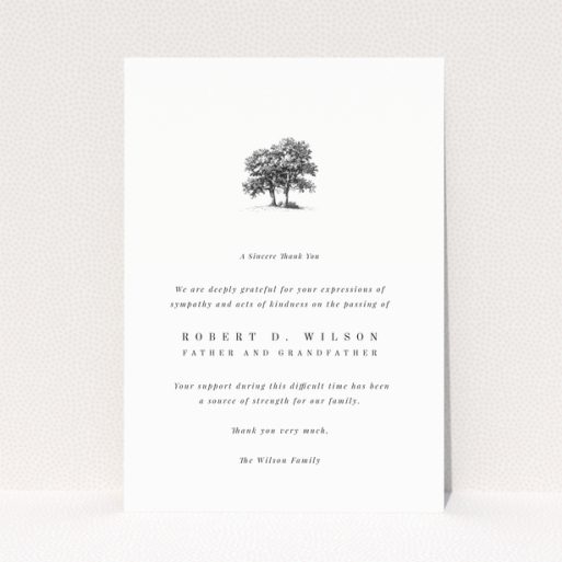 Funeral thank you card with a tree illustration and one photo.