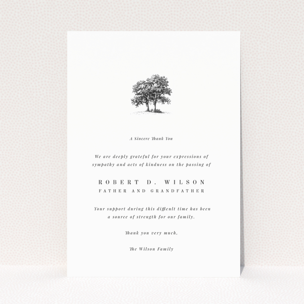 Funeral thank you card with a tree illustration and one photo.