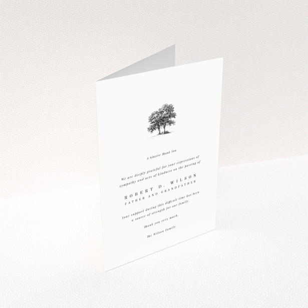 Funeral thank you card with a tree illustration and one photo.
