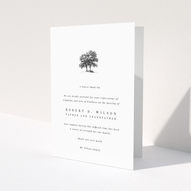 Funeral thank you card with a tree illustration and one photo.