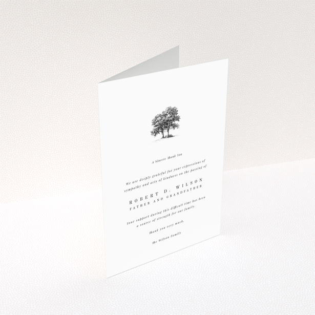 Funeral thank you card with a tree illustration and one photo.