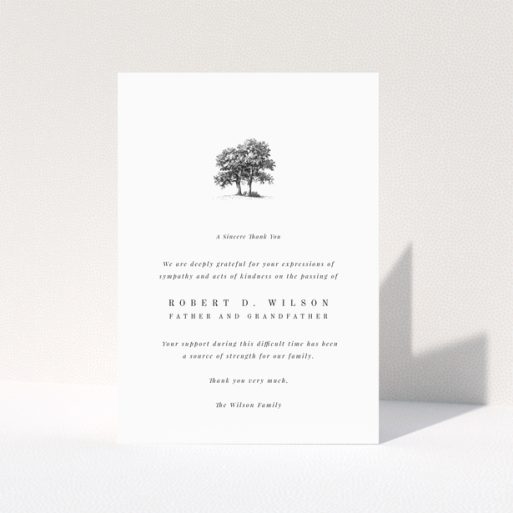 Funeral thank you card with a tree illustration and one photo.