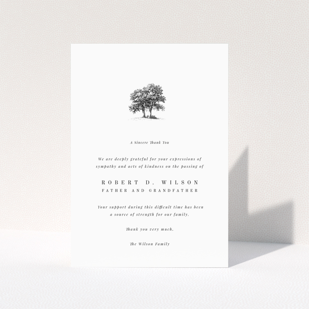 Funeral thank you card with a tree illustration and one photo.