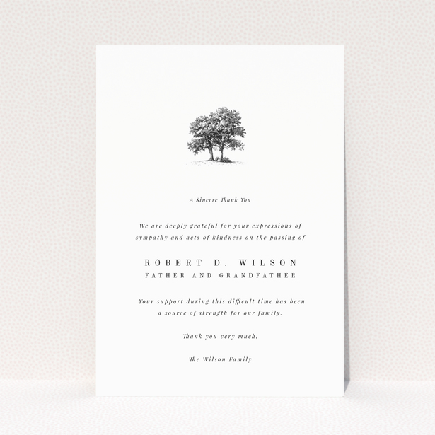 Funeral thank you card with a tree illustration and one photo.