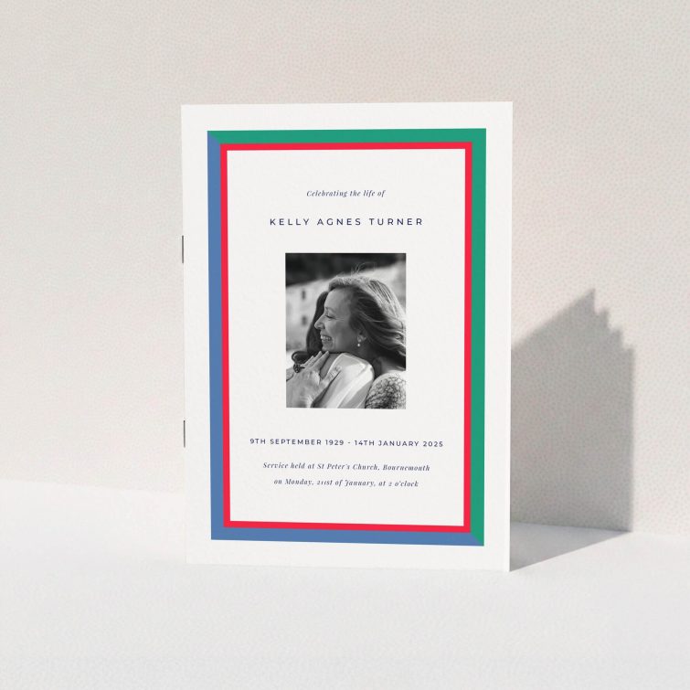Funeral order of service program design with one photo and colourful geometric border.