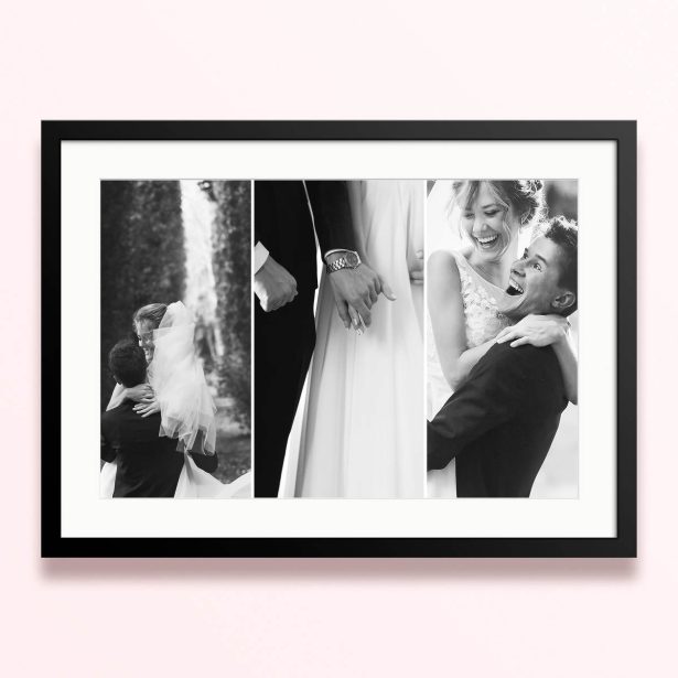 Framed and mounted photo print featuring three black and white images