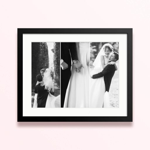 Framed and mounted photo print featuring three black and white images