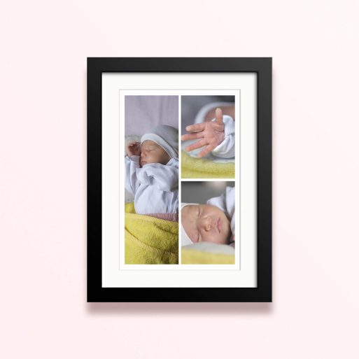 Framed and mounted photo print featuring a collage of three baby photos.