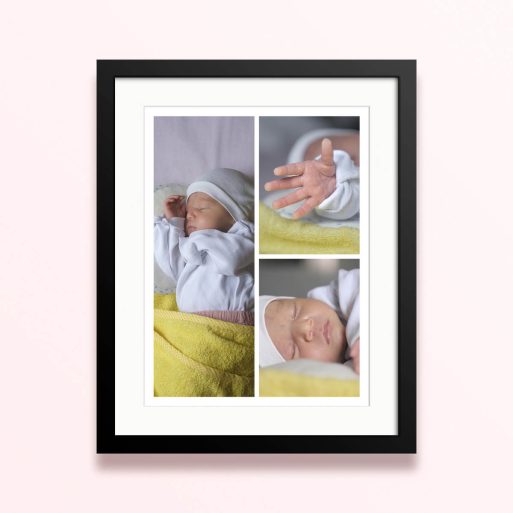 Framed and mounted photo print featuring a collage of three baby photos.