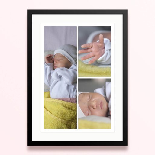 Framed and mounted photo print featuring a collage of three baby photos.