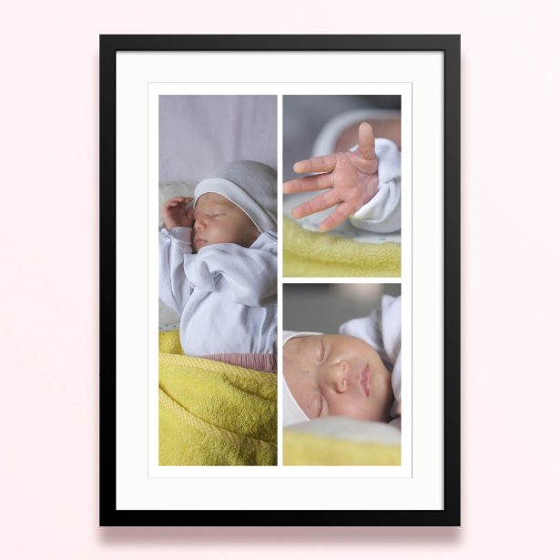 Framed and mounted photo print featuring a collage of three baby photos.
