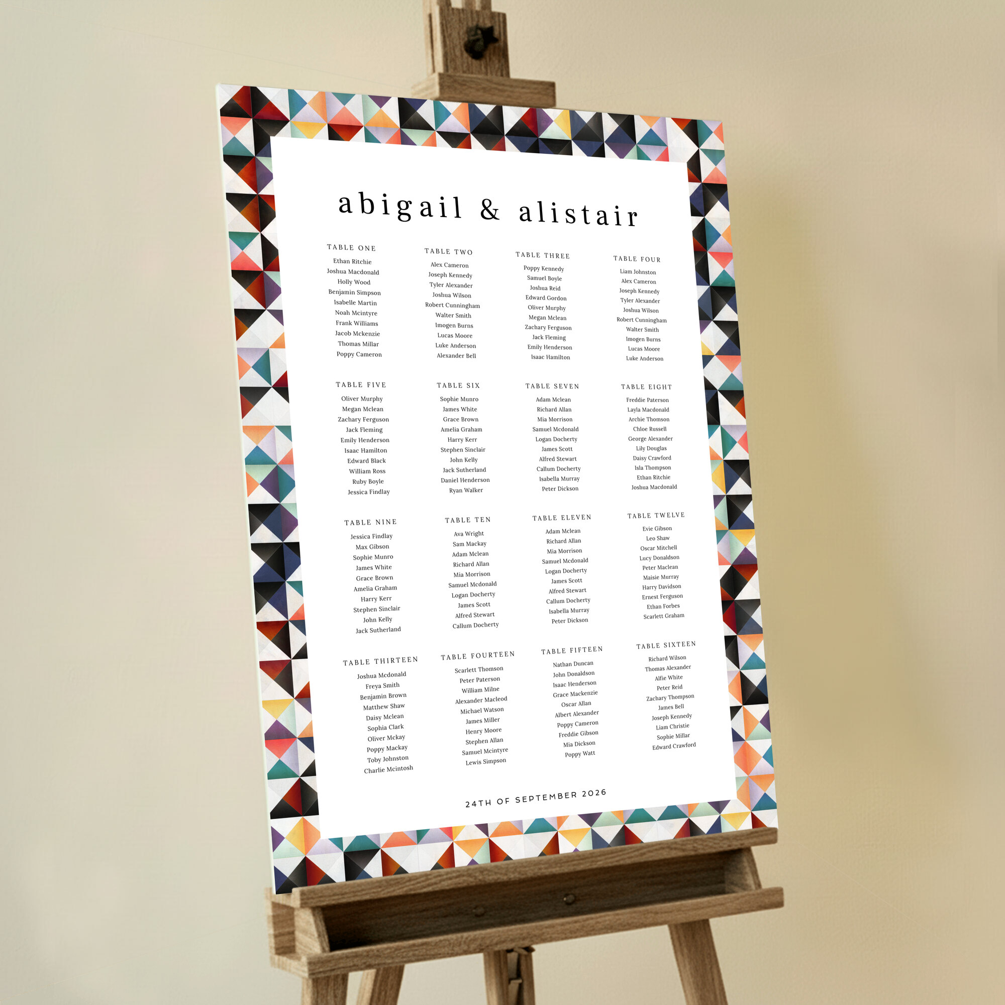 Bespoke Triangular Borders Seating Charts with a modern and unique design featuring a striking border made up of colourful triangles, adding eye-catching and contemporary flair to your wedding day.. This design has 16 tables.