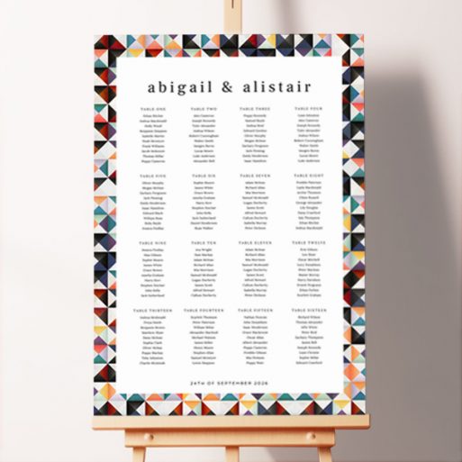 Bespoke Triangular Borders Seating Charts with a modern and unique design featuring a striking border made up of colourful triangles, adding eye-catching and contemporary flair to your wedding day.. This design has 16 tables.