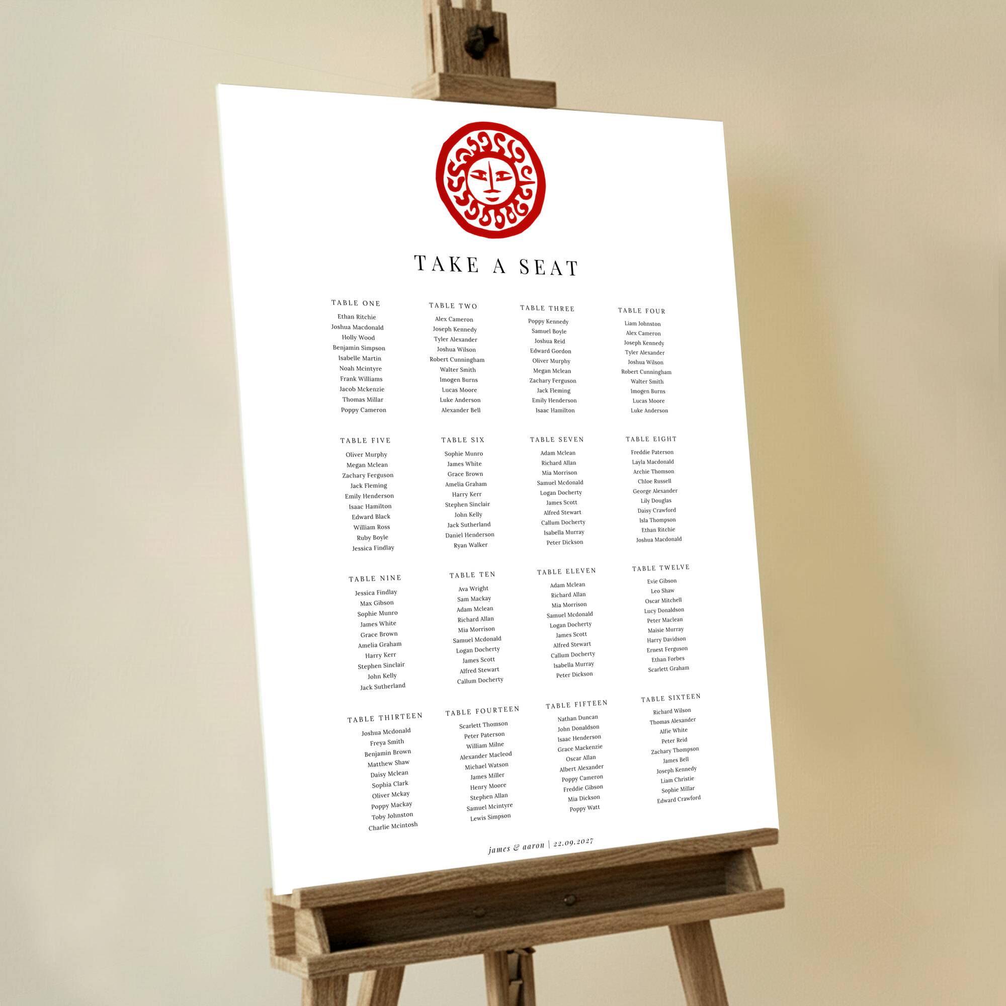 Bespoke Tribal Sunburst Seating Plans featuring a deep ochre tribal painted sun on a plain white background, adding modernity, warmth, and energy to your special day.. This one has 16 tables.