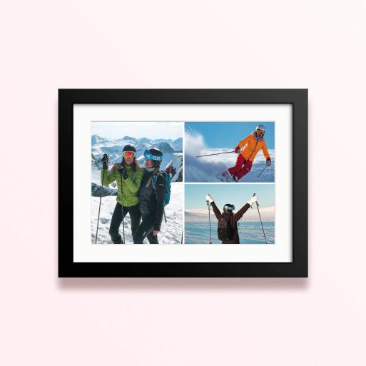 Framed and mounted photo print featuring three photos of skiing and snowy mountain scenes.