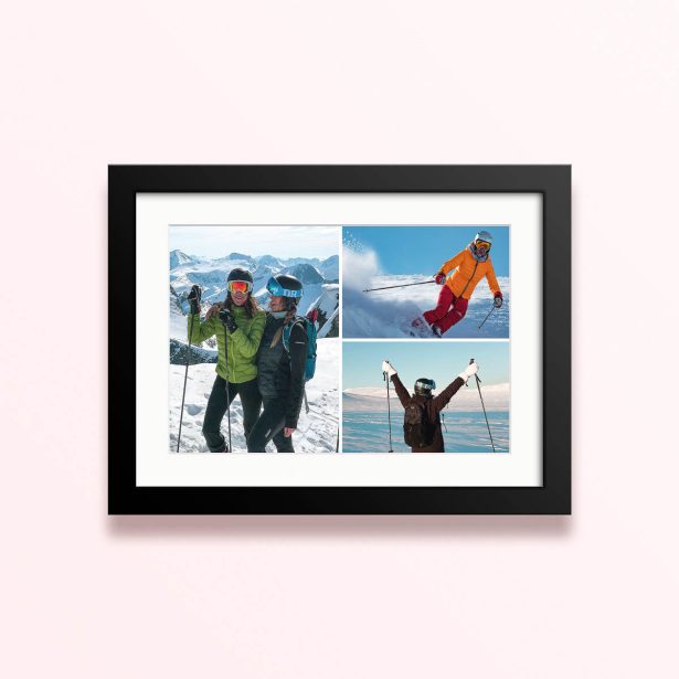Framed and mounted photo print featuring three photos of skiing and snowy mountain scenes.