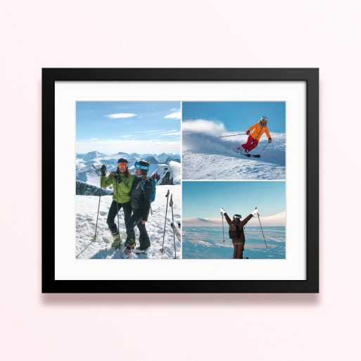 Framed and mounted photo print featuring three photos of skiing and snowy mountain scenes.