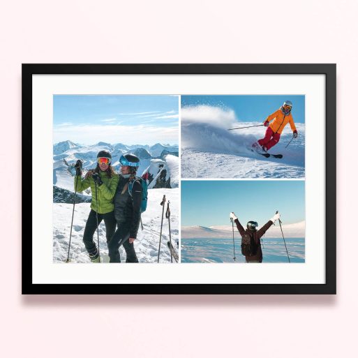 Framed and mounted photo print featuring three photos of skiing and snowy mountain scenes.