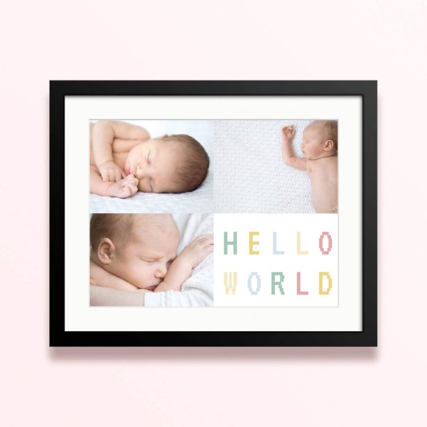 Framed and mounted photo print featuring three baby images and colourful "Hello World" text design