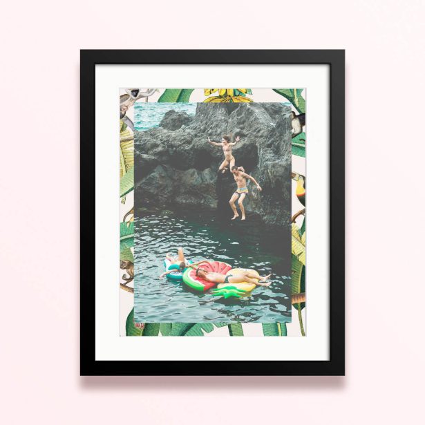 Framed and mounted photo print featuring one photo of people jumping into water and relaxing on inflatables.