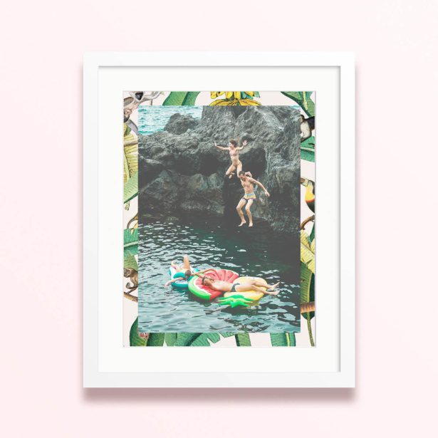 Framed and mounted photo print featuring one photo of people jumping into water and relaxing on inflatables.