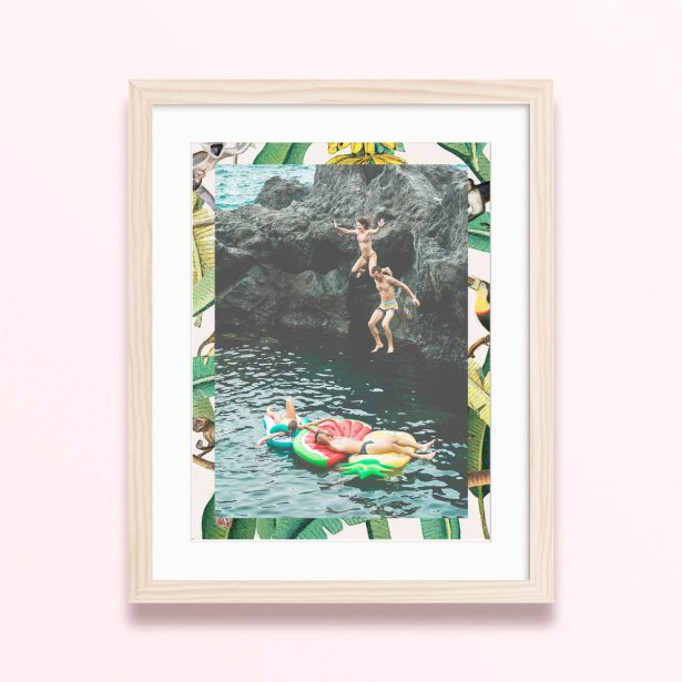 Framed and mounted photo print featuring one photo of people jumping into water and relaxing on inflatables.