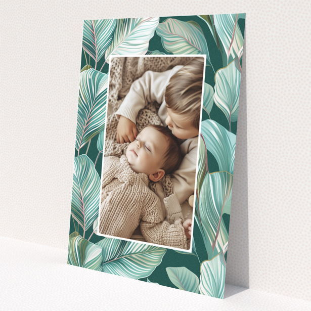 Baby thank you card design with one photo and tropical leaf illustration background