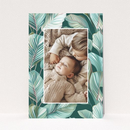 Baby thank you card design with one photo and tropical leaf illustration background