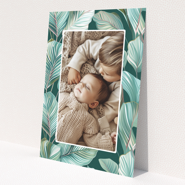 Baby thank you card design with one photo and tropical leaf illustration background