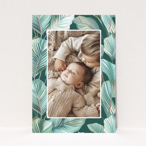 Baby thank you card design with one photo and tropical leaf illustration background