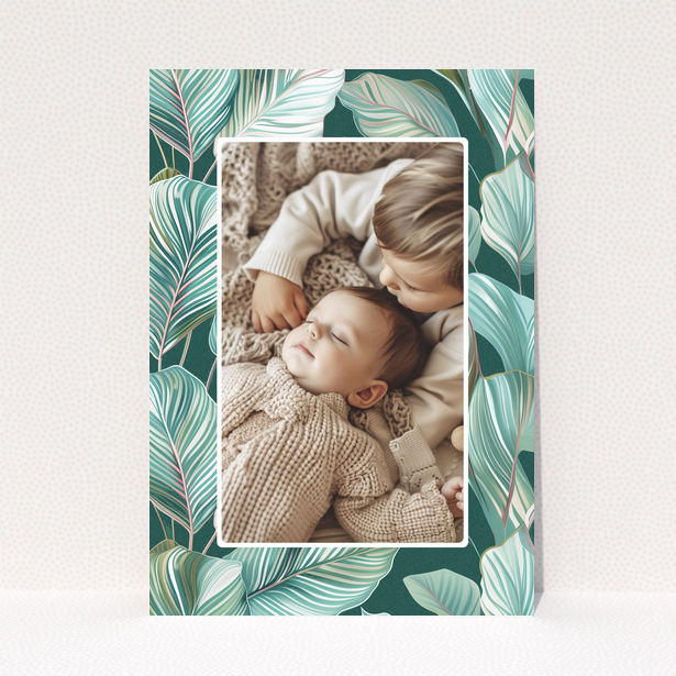 Baby thank you card design with one photo and tropical leaf illustration background