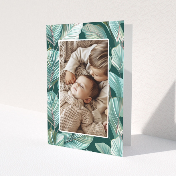 Baby thank you card design with one photo and tropical leaf illustration background