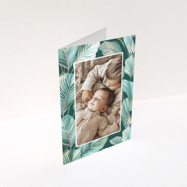 Baby thank you card design with one photo and tropical leaf illustration background