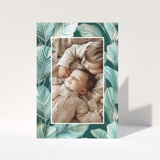 Baby thank you card design with one photo and tropical leaf illustration background
