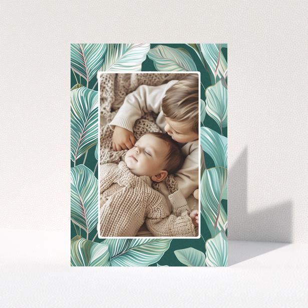 Baby thank you card design with one photo and tropical leaf illustration background
