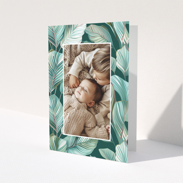 Baby thank you card design with one photo and tropical leaf illustration background