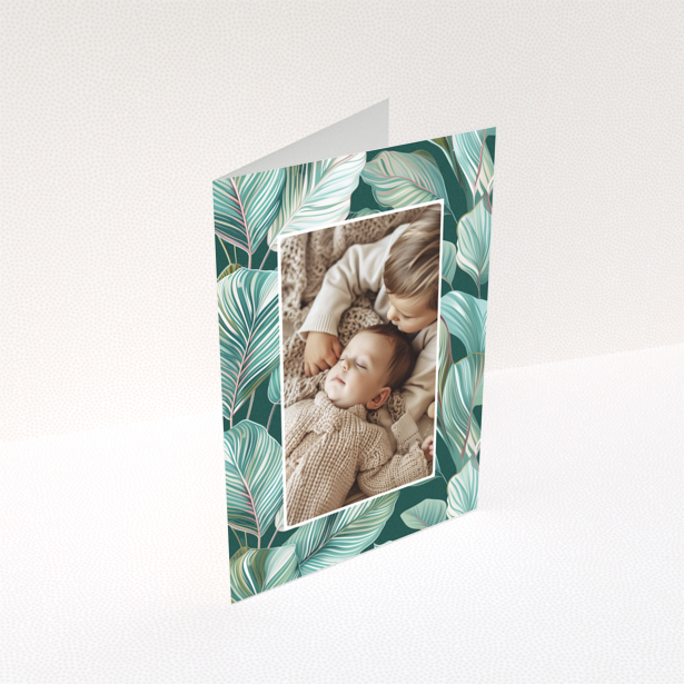 Baby thank you card design with one photo and tropical leaf illustration background