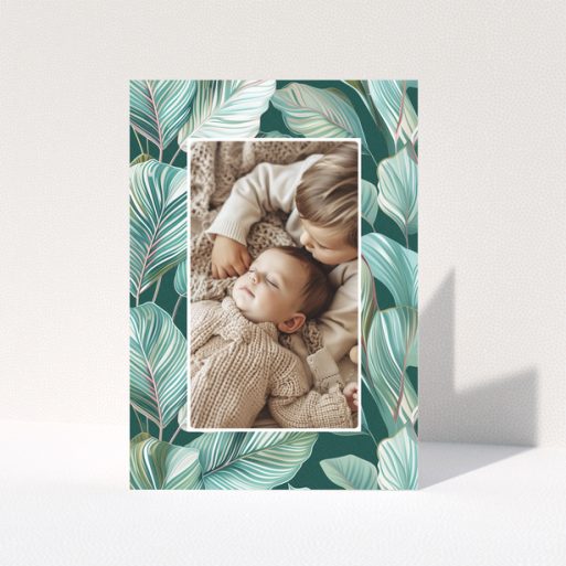 Baby thank you card design with one photo and tropical leaf illustration background