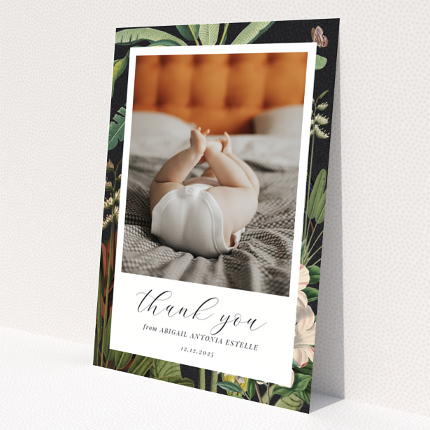 Baby thank you card with floral design and one photo of baby