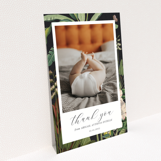 Baby thank you card reverse side design Portrait with botanical illustration and parrot