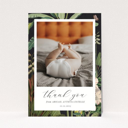 Baby thank you card with floral design and one photo of baby