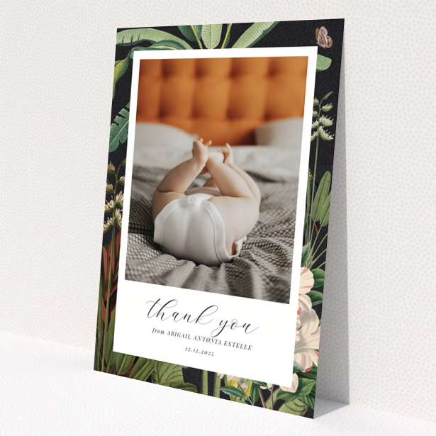 Baby thank you card with floral design and one photo of baby